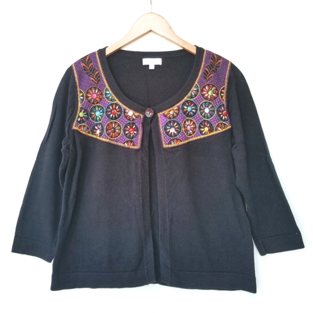 Joseph A. Black Boho Beaded Floral Cardigan 34 Sleeve szXL